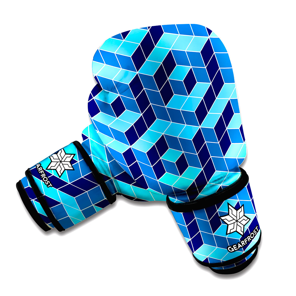 Blue Geometric Cube Shape Pattern Print Boxing Gloves