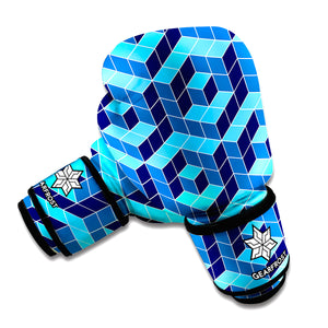 Blue Geometric Cube Shape Pattern Print Boxing Gloves