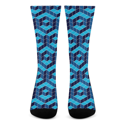 Blue Geometric Cube Shape Pattern Print Crew Socks