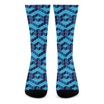 Blue Geometric Cube Shape Pattern Print Crew Socks