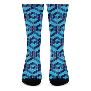 Blue Geometric Cube Shape Pattern Print Crew Socks