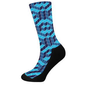 Blue Geometric Cube Shape Pattern Print Crew Socks