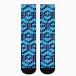 Blue Geometric Cube Shape Pattern Print Crew Socks