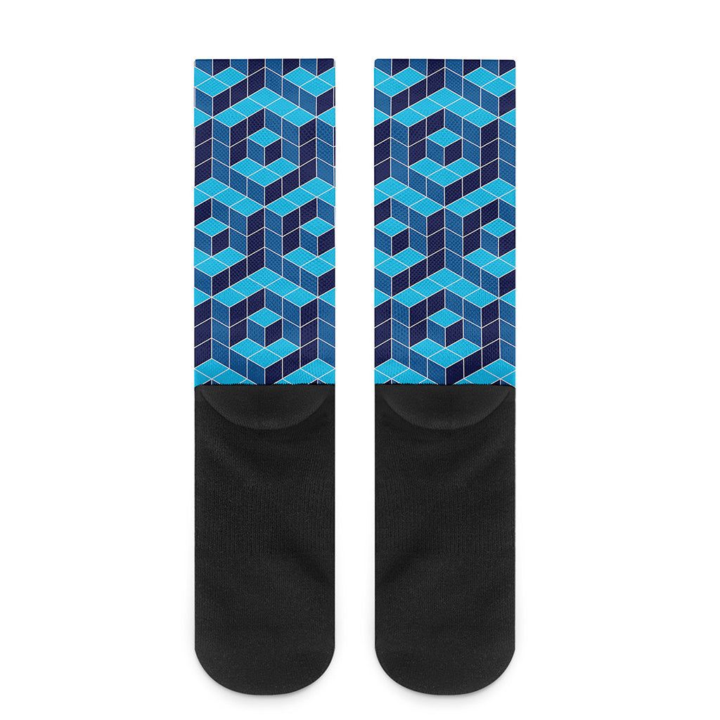 Blue Geometric Cube Shape Pattern Print Crew Socks