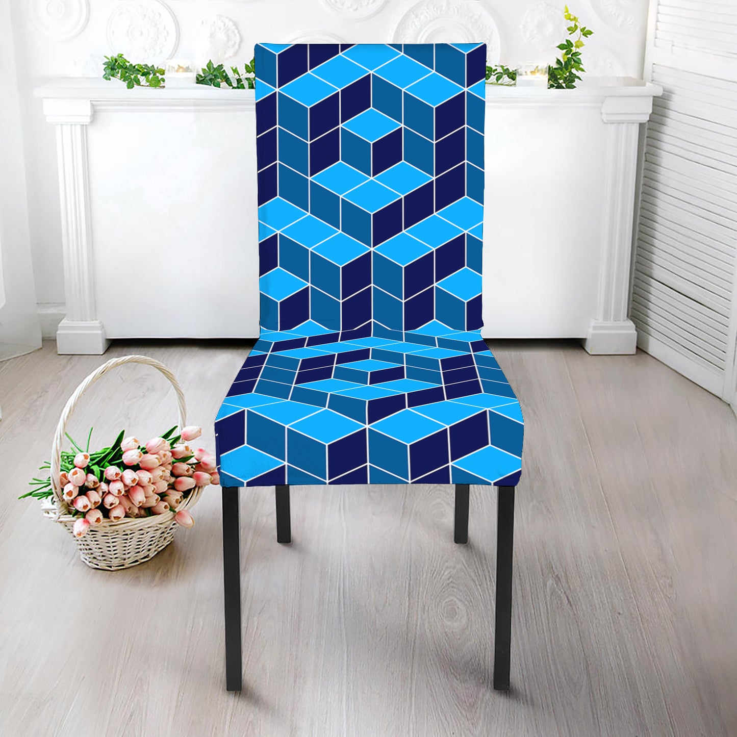 Blue Geometric Cube Shape Pattern Print Dining Chair Slipcover