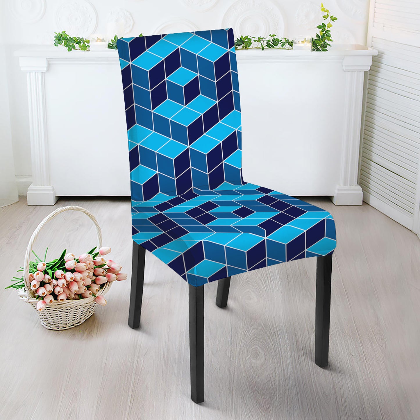 Blue Geometric Cube Shape Pattern Print Dining Chair Slipcover