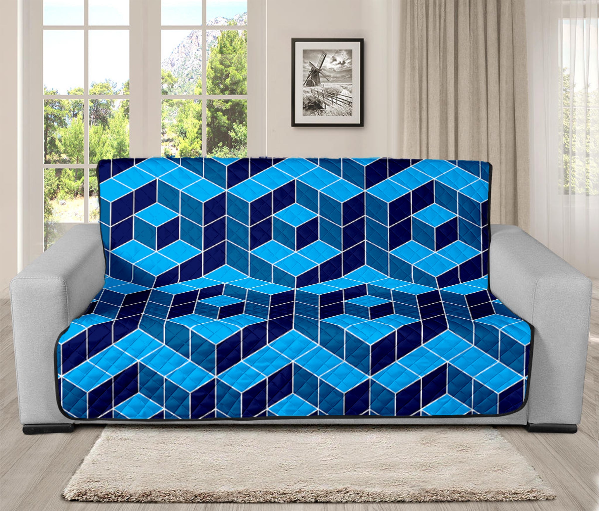 Blue Geometric Cube Shape Pattern Print Futon Protector