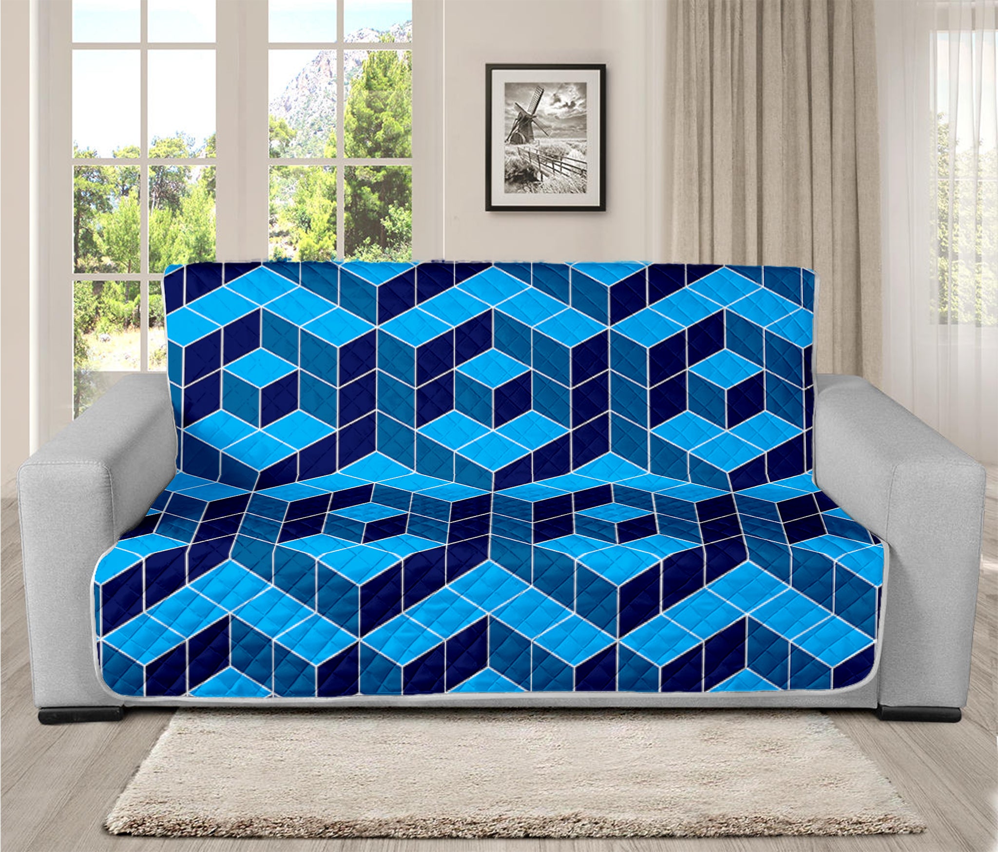 Blue Geometric Cube Shape Pattern Print Futon Protector