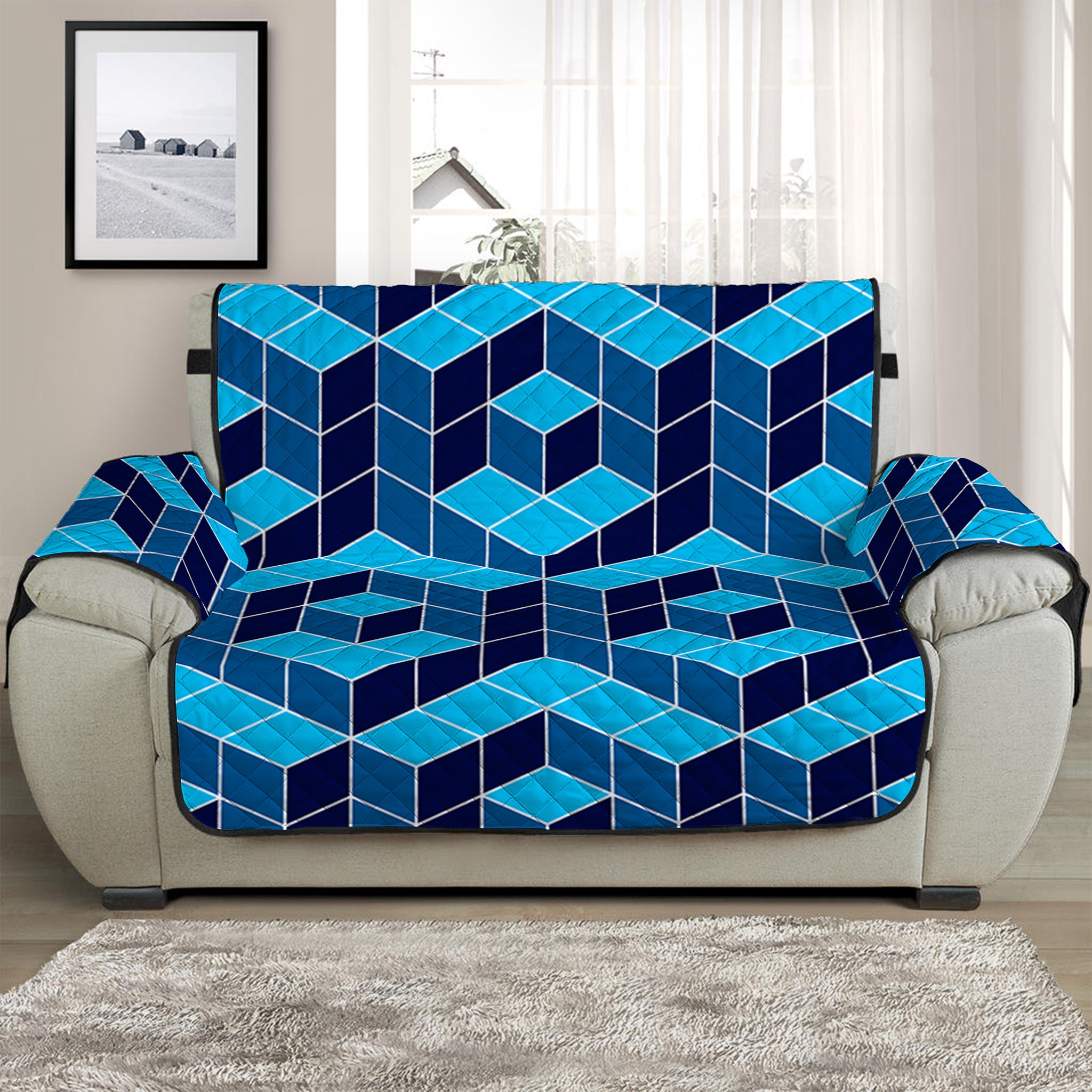 Blue Geometric Cube Shape Pattern Print Half Sofa Protector