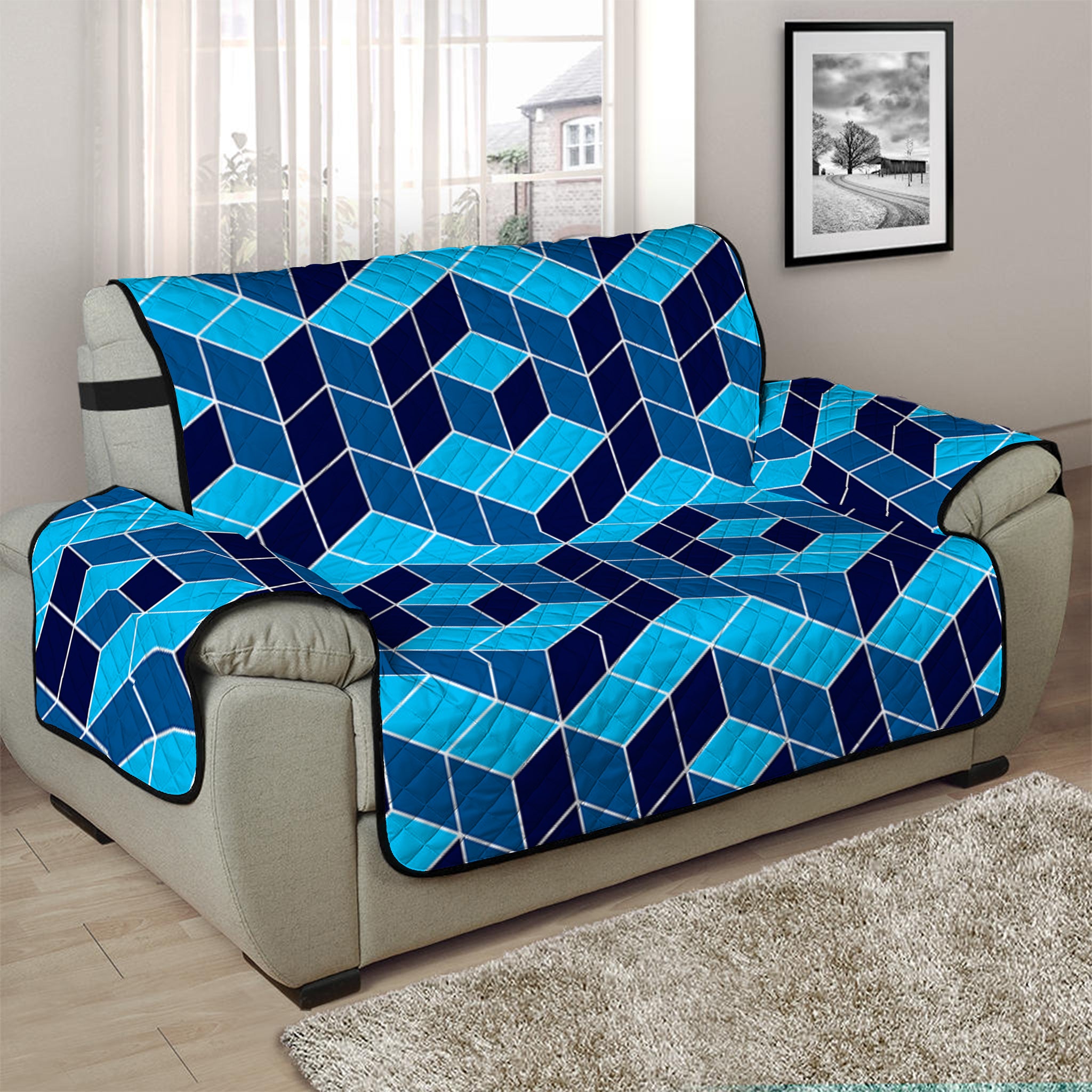 Blue Geometric Cube Shape Pattern Print Half Sofa Protector