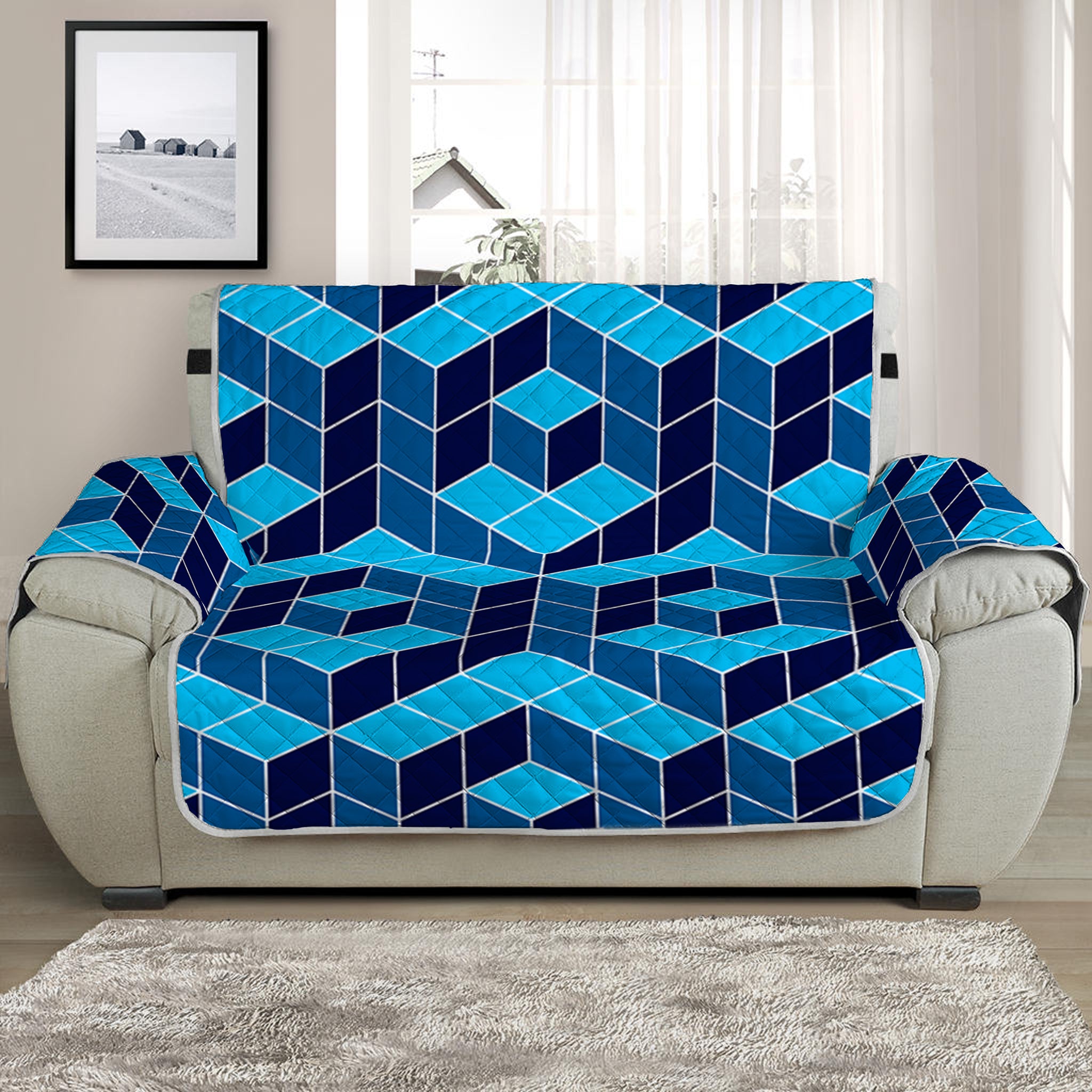 Blue Geometric Cube Shape Pattern Print Half Sofa Protector