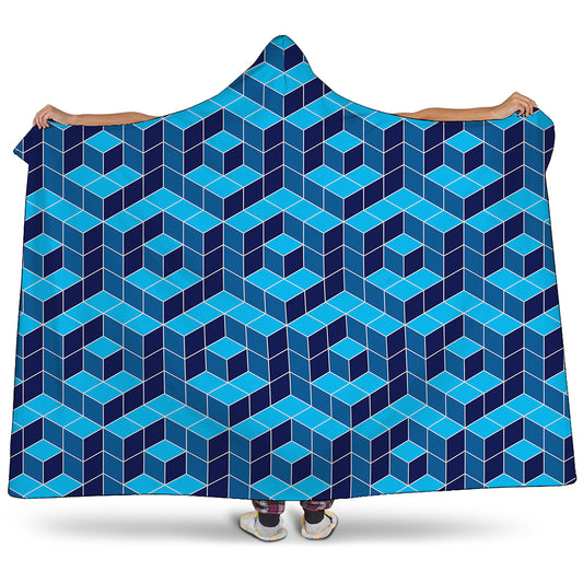 Blue Geometric Cube Shape Pattern Print Hooded Blanket