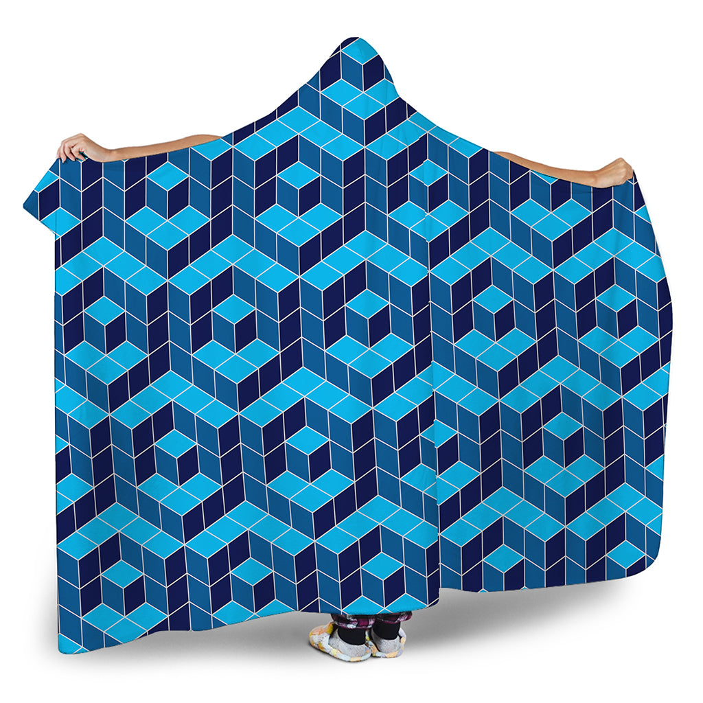 Blue Geometric Cube Shape Pattern Print Hooded Blanket