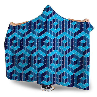 Blue Geometric Cube Shape Pattern Print Hooded Blanket