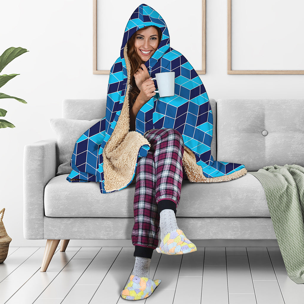 Blue Geometric Cube Shape Pattern Print Hooded Blanket