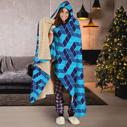 Blue Geometric Cube Shape Pattern Print Hooded Blanket