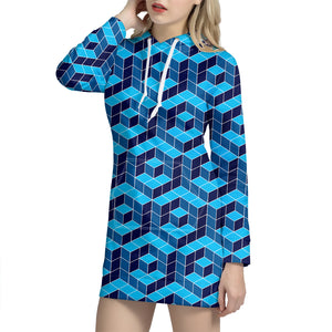 Blue Geometric Cube Shape Pattern Print Hoodie Dress