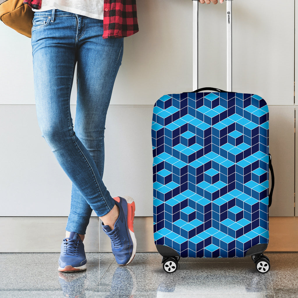 Blue Geometric Cube Shape Pattern Print Luggage Cover