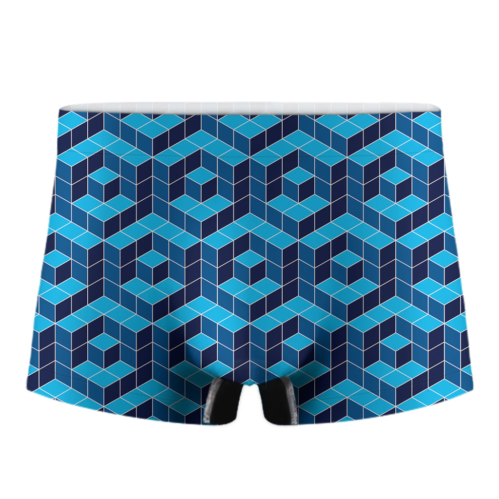 Blue Geometric Cube Shape Pattern Print Men's Boxer Briefs