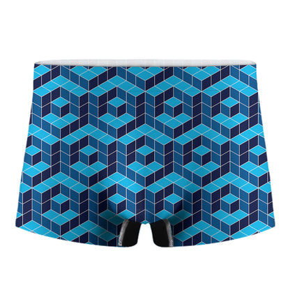 Blue Geometric Cube Shape Pattern Print Men's Boxer Briefs