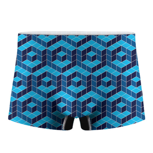 Blue Geometric Cube Shape Pattern Print Men's Boxer Briefs