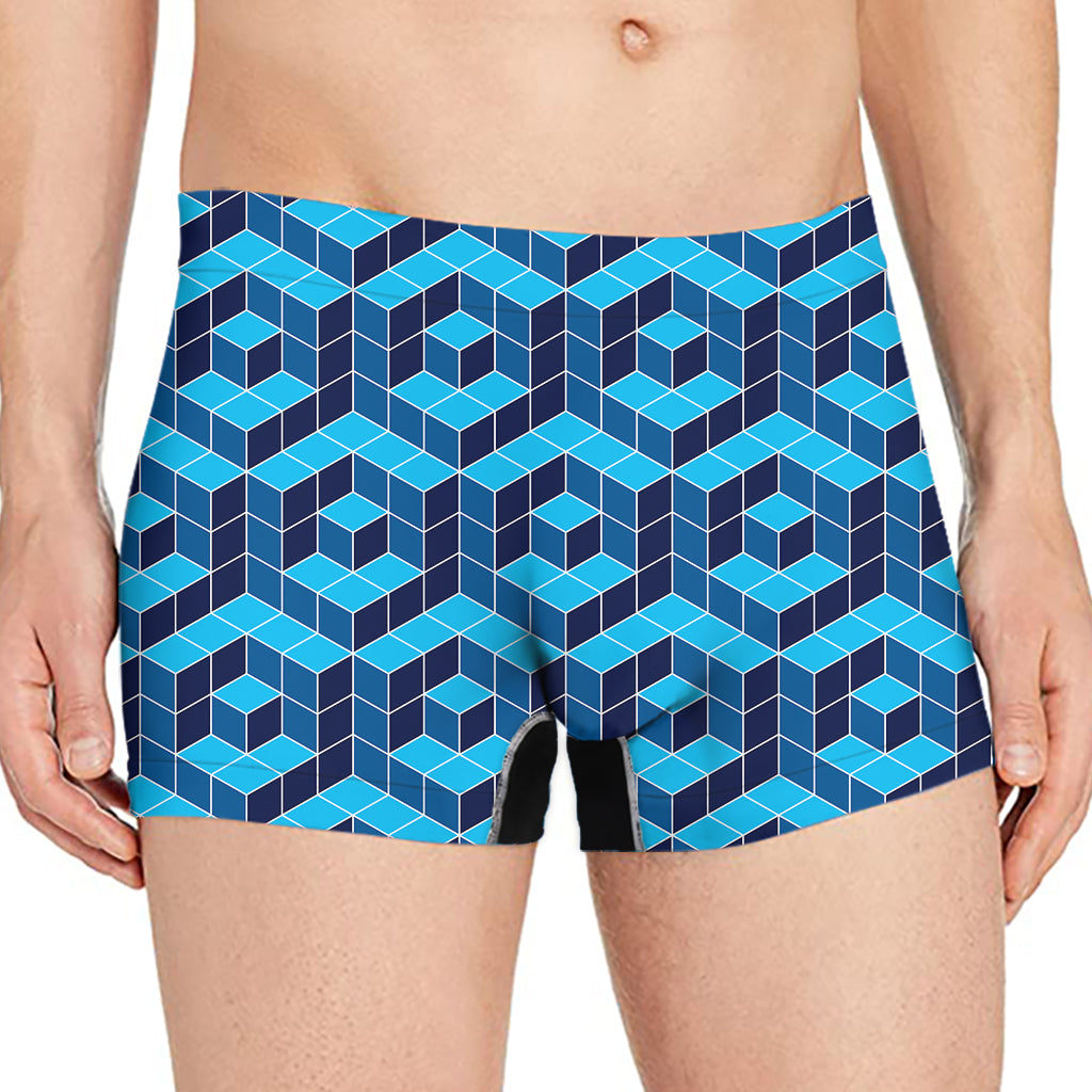 Blue Geometric Cube Shape Pattern Print Men's Boxer Briefs