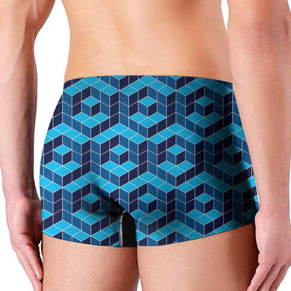 Blue Geometric Cube Shape Pattern Print Men's Boxer Briefs