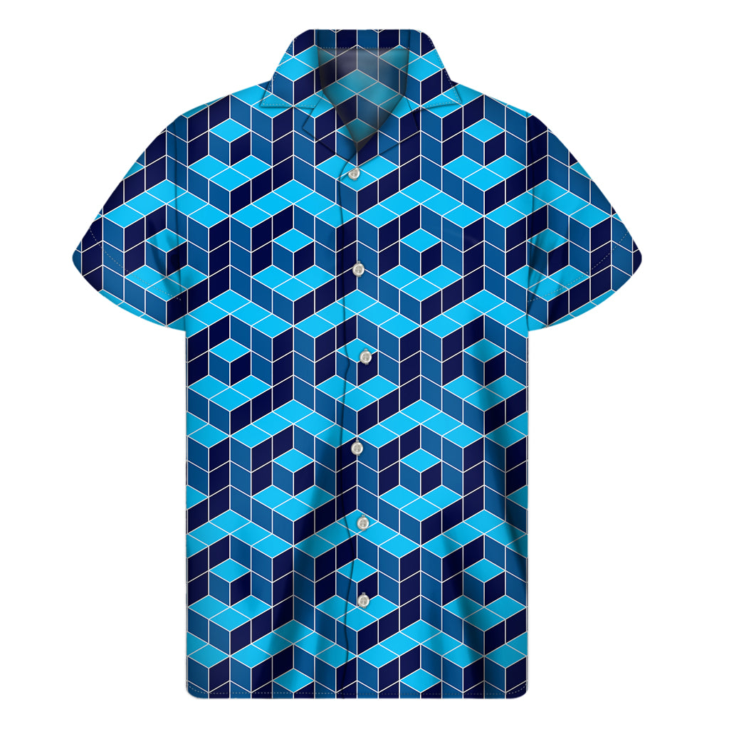 Blue Geometric Cube Shape Pattern Print Men's Short Sleeve Shirt