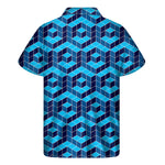 Blue Geometric Cube Shape Pattern Print Men's Short Sleeve Shirt