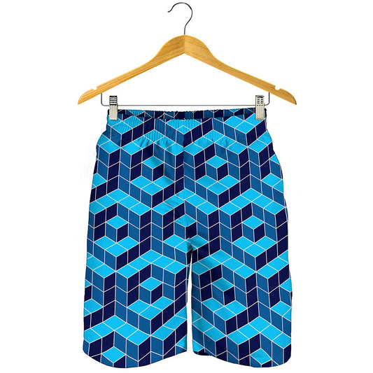 Blue Geometric Cube Shape Pattern Print Men's Shorts