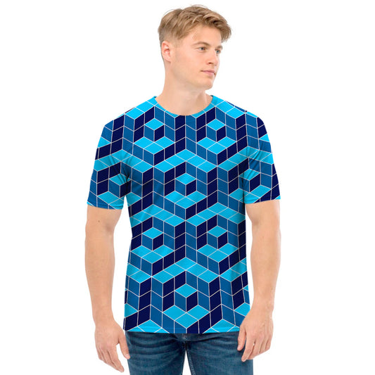 Blue Geometric Cube Shape Pattern Print Men's T-Shirt