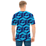 Blue Geometric Cube Shape Pattern Print Men's T-Shirt