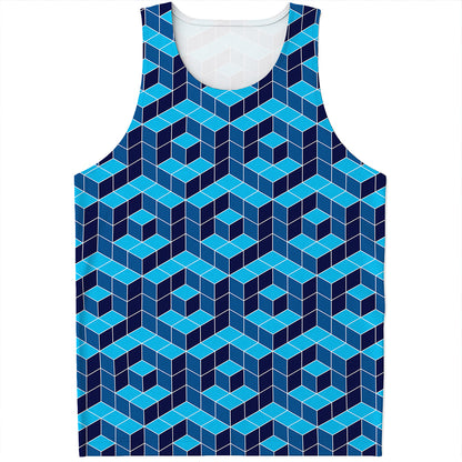 Blue Geometric Cube Shape Pattern Print Men's Tank Top