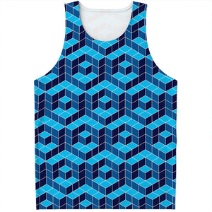 Blue Geometric Cube Shape Pattern Print Men's Tank Top