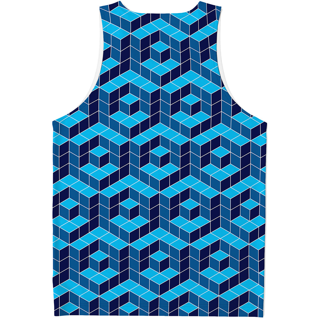 Blue Geometric Cube Shape Pattern Print Men's Tank Top