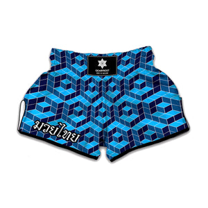 Blue Geometric Cube Shape Pattern Print Muay Thai Boxing Shorts