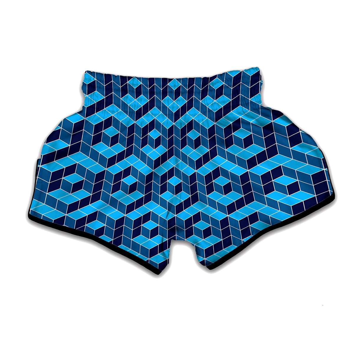 Blue Geometric Cube Shape Pattern Print Muay Thai Boxing Shorts