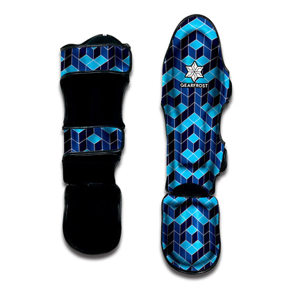 Blue Geometric Cube Shape Pattern Print Muay Thai Shin Guard
