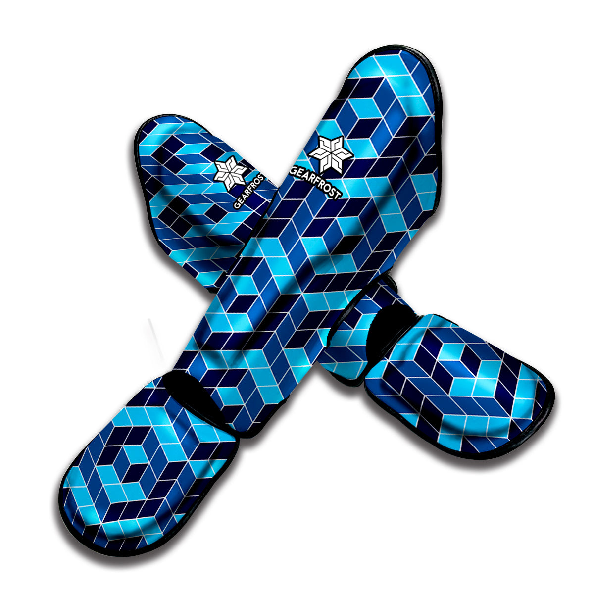 Blue Geometric Cube Shape Pattern Print Muay Thai Shin Guard