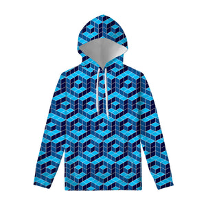 Blue Geometric Cube Shape Pattern Print Pullover Hoodie