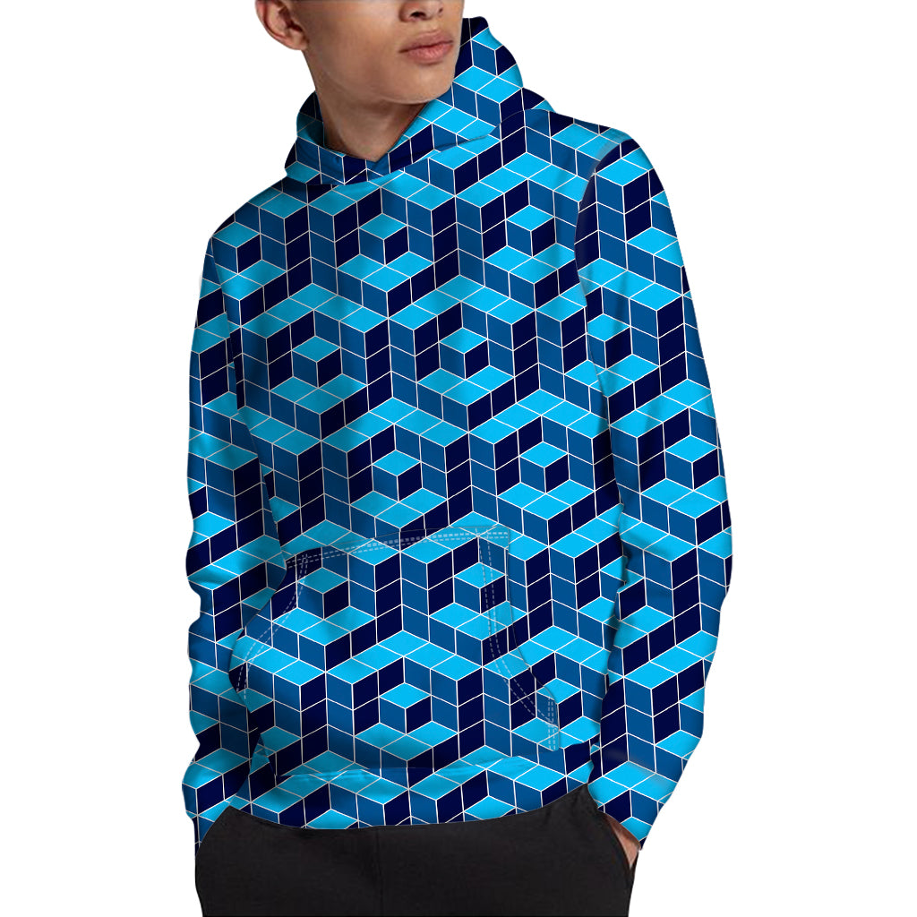 Blue Geometric Cube Shape Pattern Print Pullover Hoodie