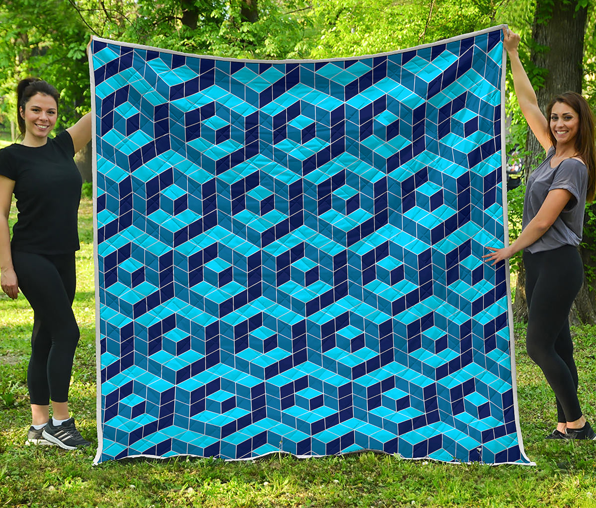 Blue Geometric Cube Shape Pattern Print Quilt
