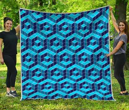 Blue Geometric Cube Shape Pattern Print Quilt