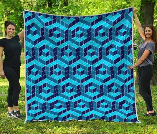 Blue Geometric Cube Shape Pattern Print Quilt