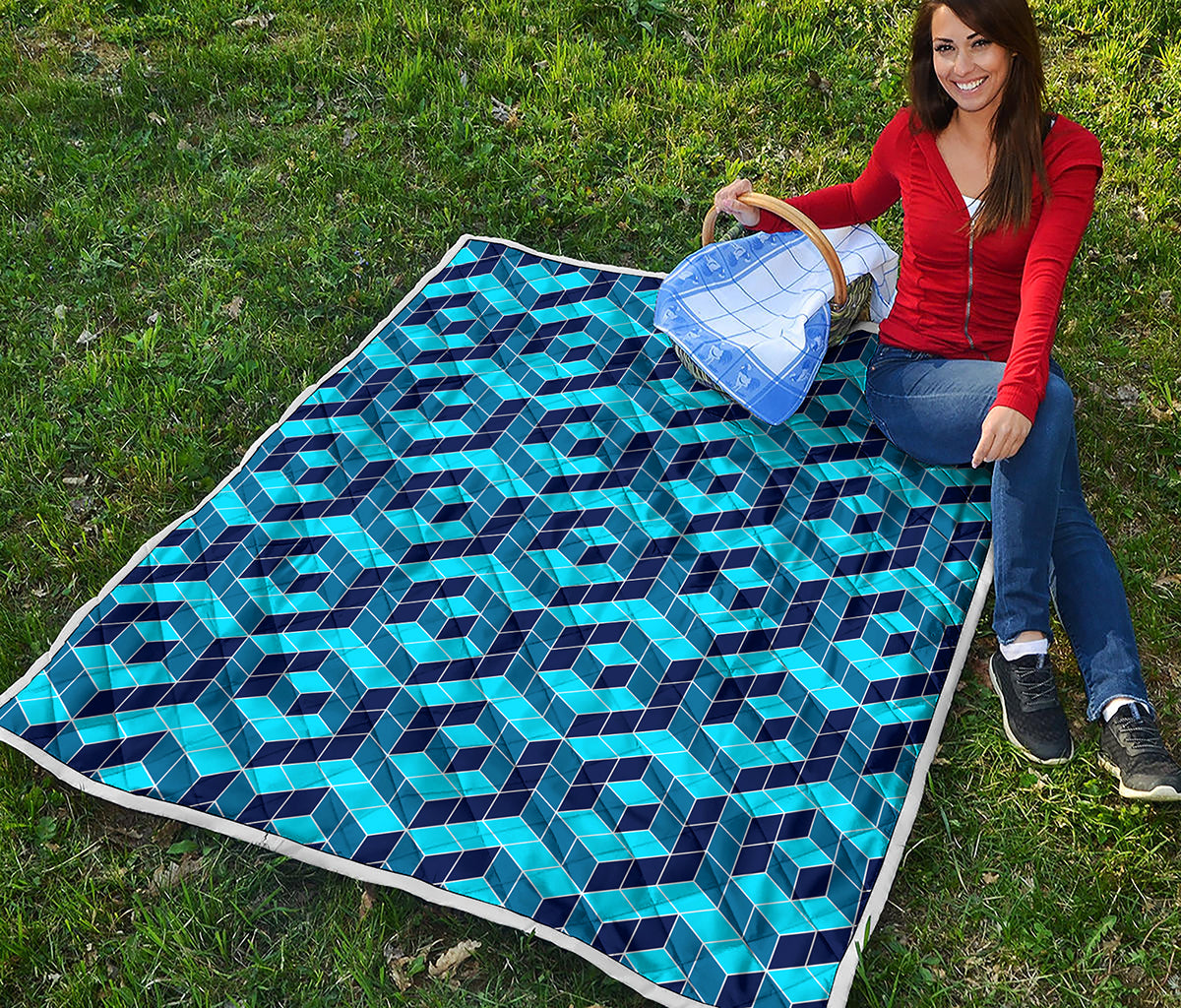 Blue Geometric Cube Shape Pattern Print Quilt