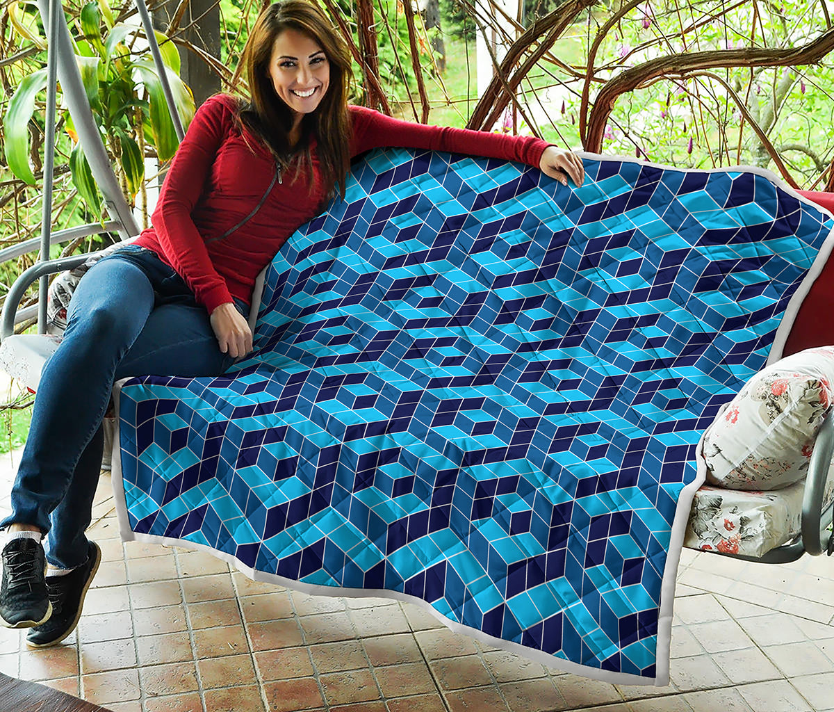 Blue Geometric Cube Shape Pattern Print Quilt