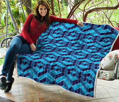 Blue Geometric Cube Shape Pattern Print Quilt