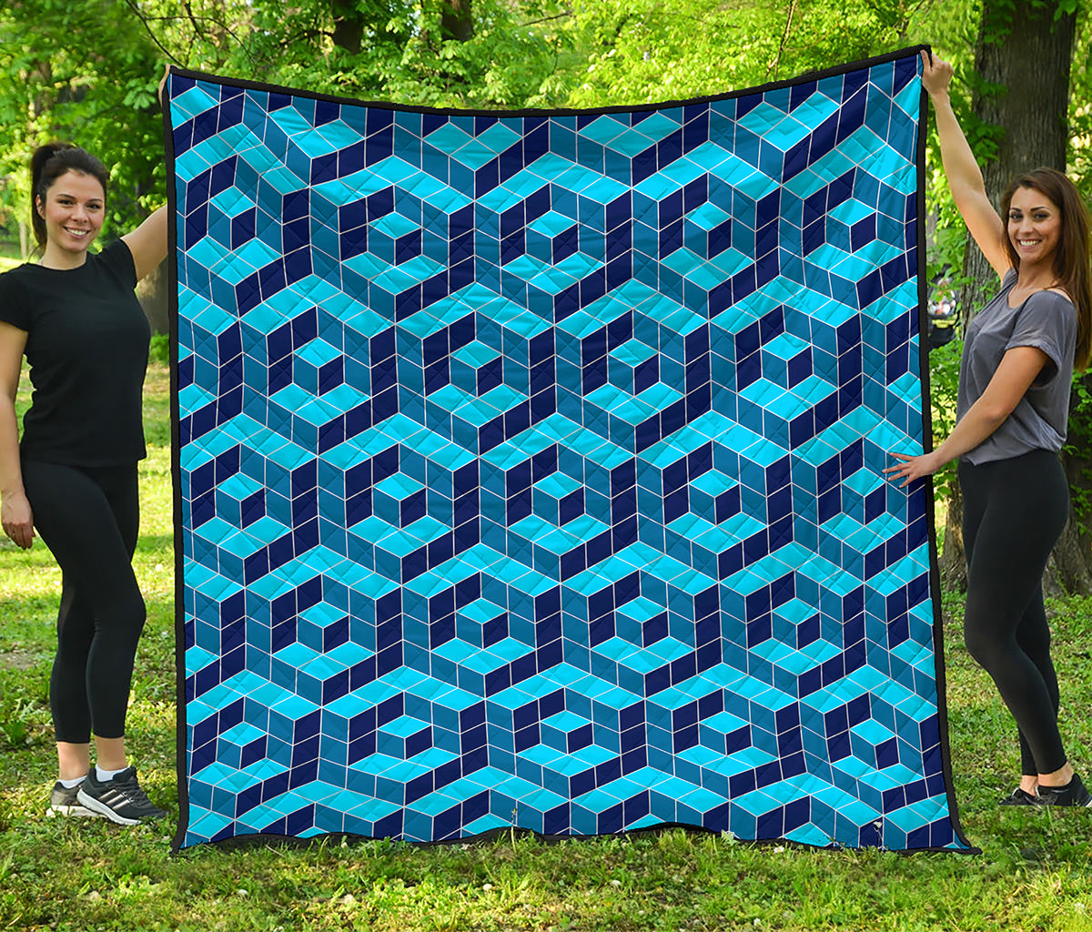 Blue Geometric Cube Shape Pattern Print Quilt
