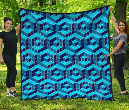 Blue Geometric Cube Shape Pattern Print Quilt