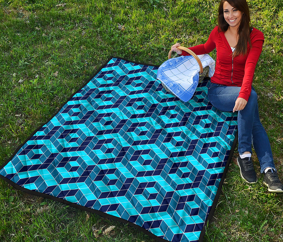 Blue Geometric Cube Shape Pattern Print Quilt